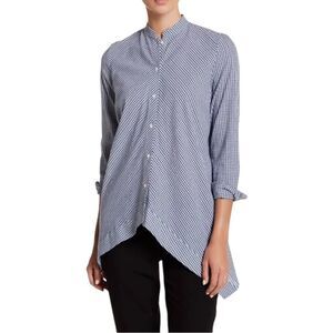 Anne Klein Gingham Button Down Sharkbite Tunic Blouse Navy White Size 0X
